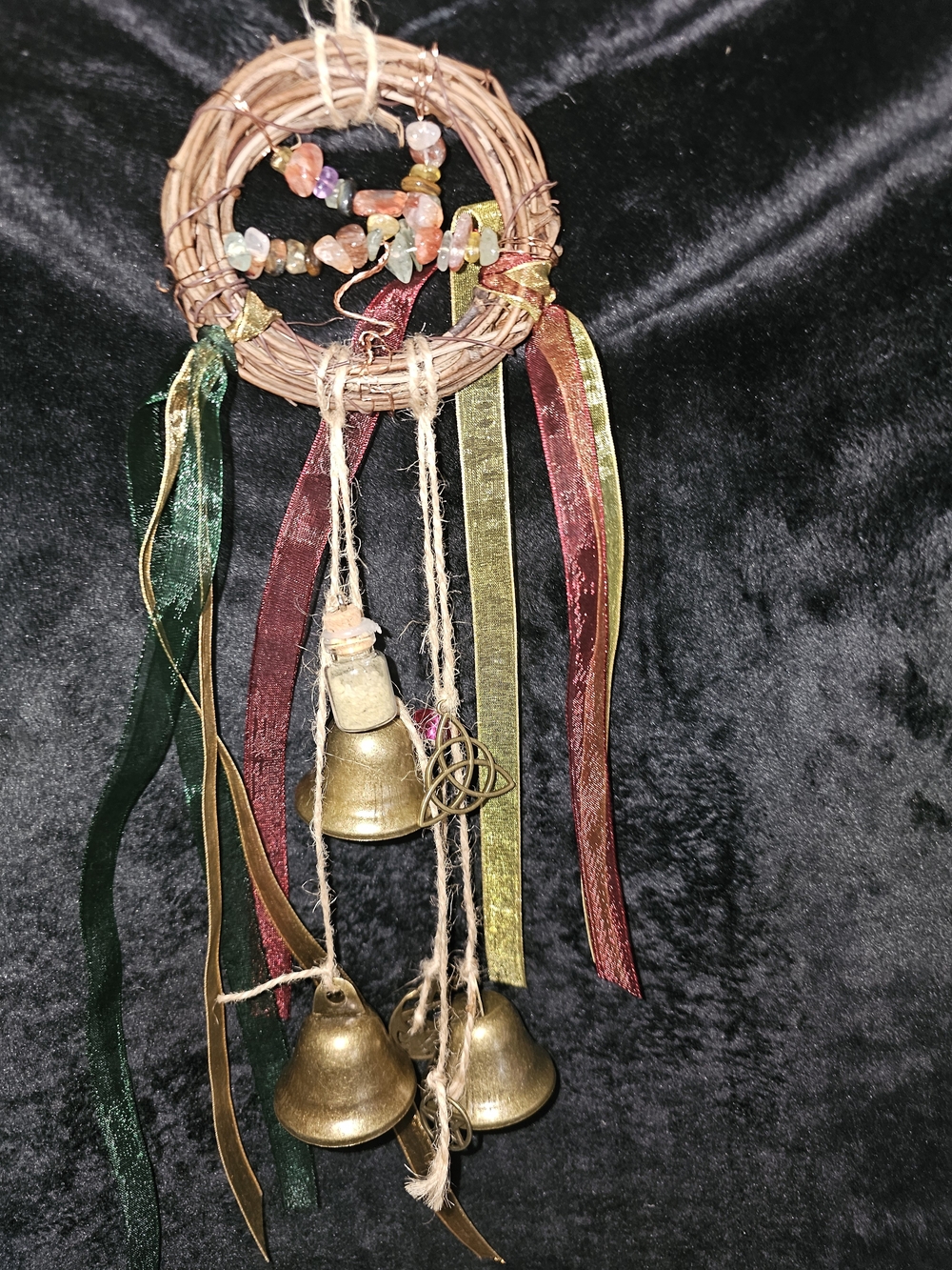 Handcrafted Boho Hair Accessory with Green, Burgundy & Gold Ribbons